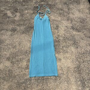 Old Navy Blue Ribbed Long Tube Top Beach Dress Side Slit Womens XS Y2K Vintage